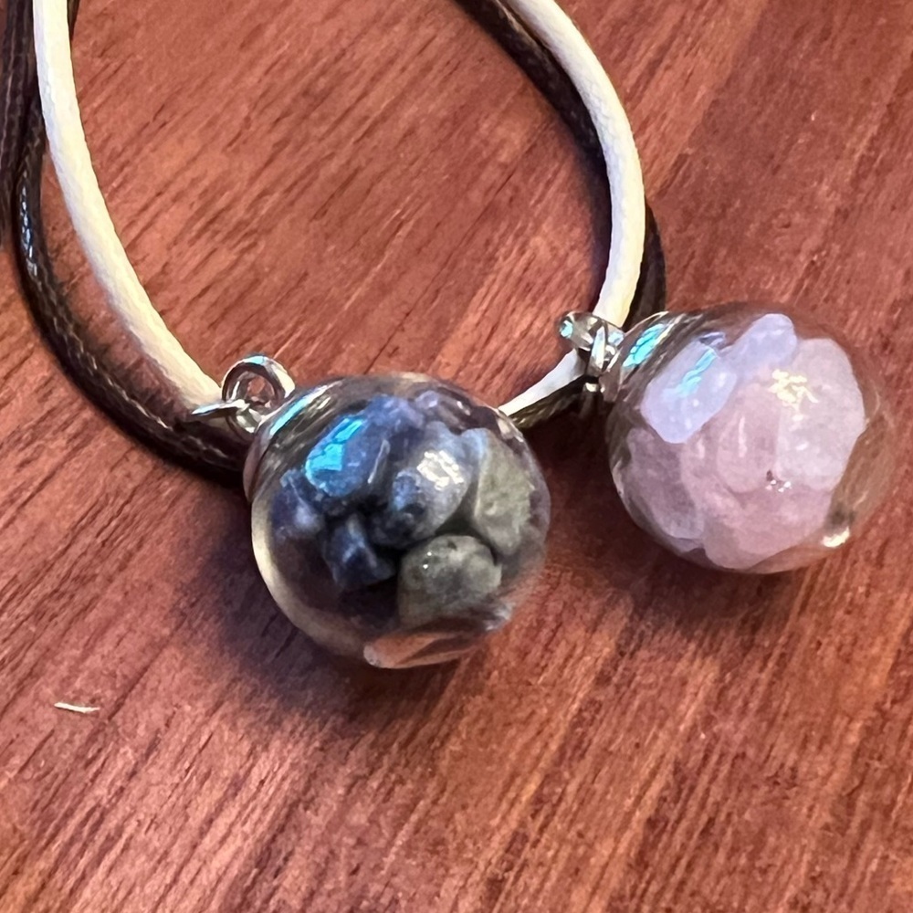 Hand filled glass globe pendants with assorted crystal chips. Set of 3. - Picture 3 of 3
